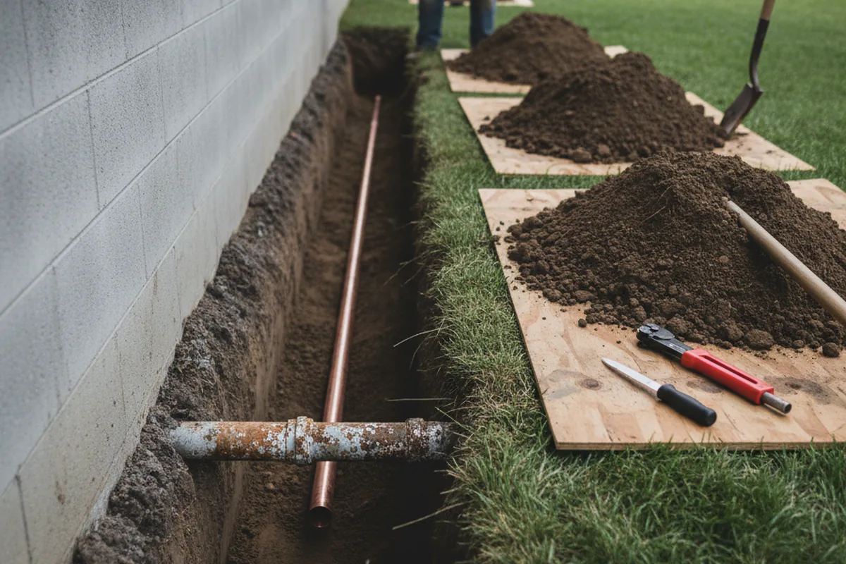 Excavated water line trench during Sewer Line Repair in New Braintree